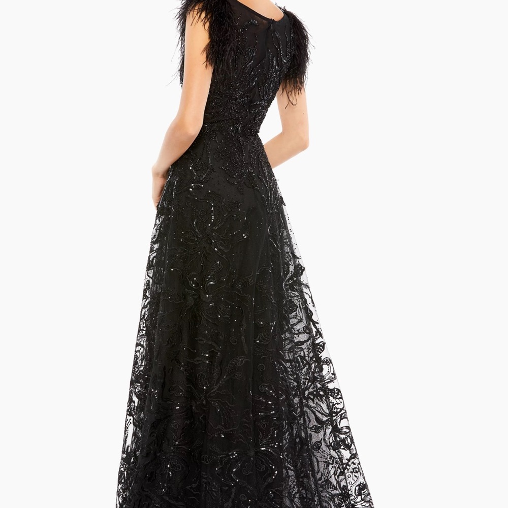 Mac Duggal EMBELLISHED FEATHER CAP SLEEVE BATEAU A LINE GOWN 4